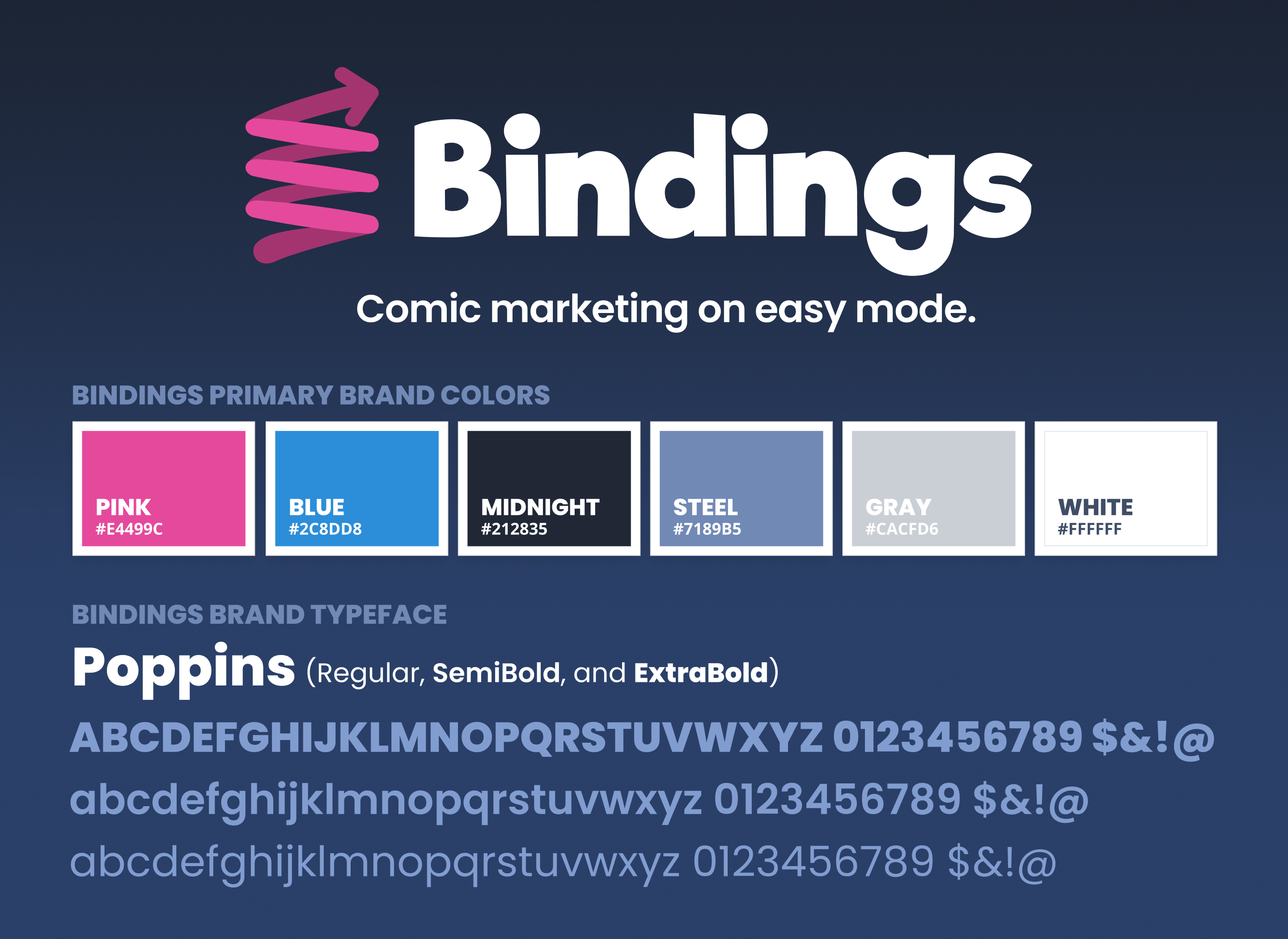 A combined visual showing the Bindings logo, colors, and typography.