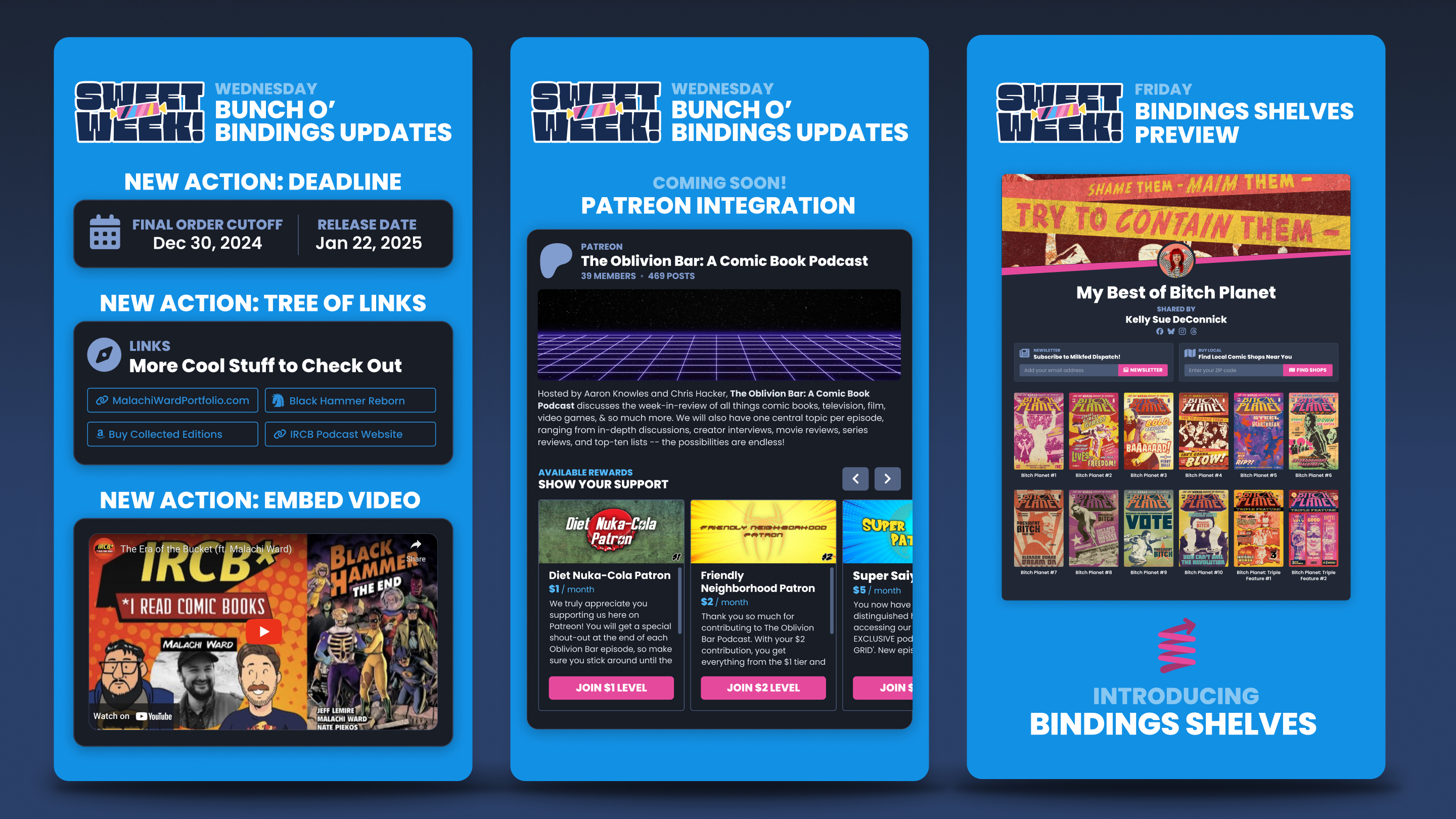 Examples of social media marketing collateral developed to promote the launch of new Bindings features.