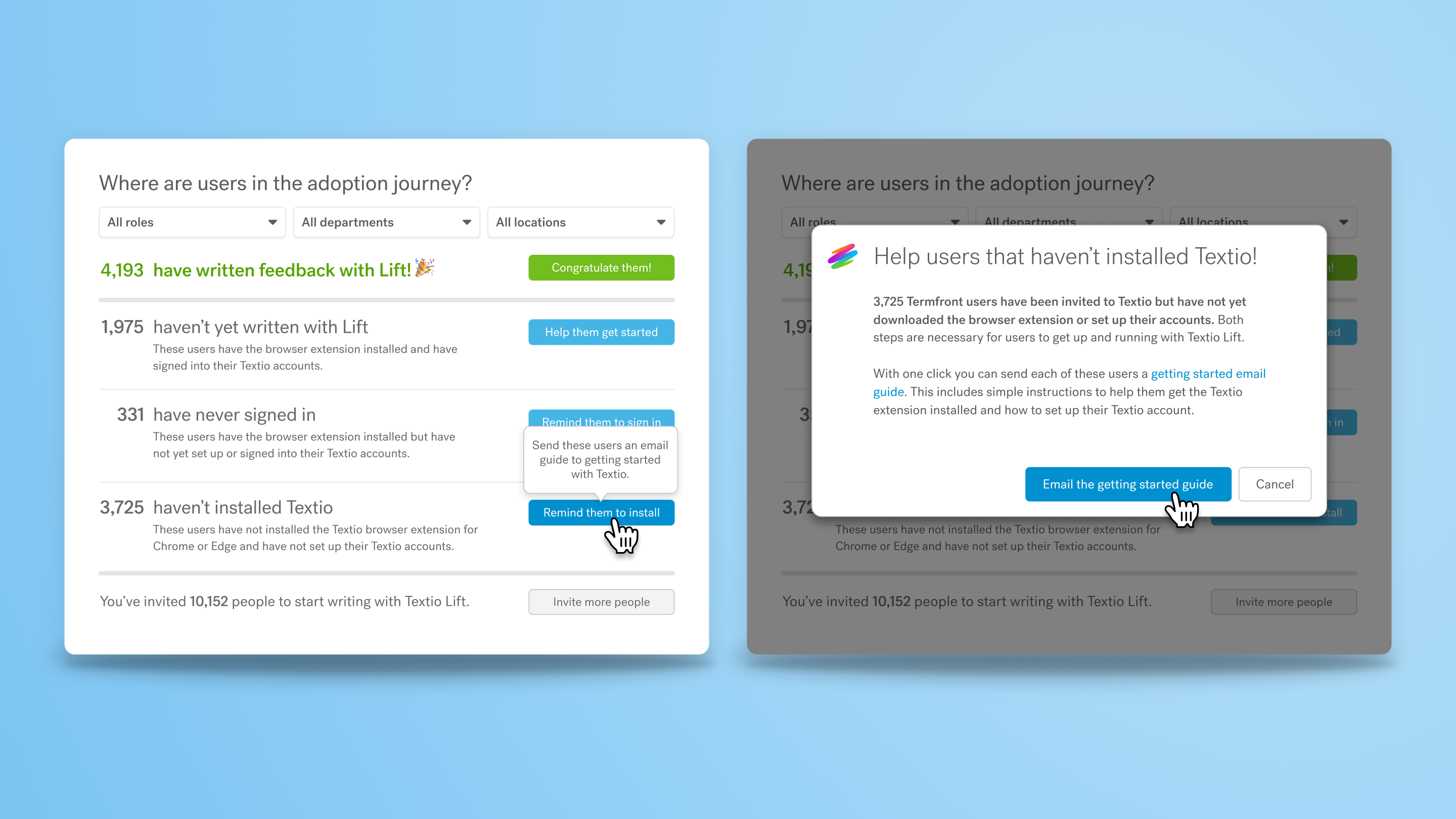 Examples of our adoption funnel UX, showing a team lead selecting a one-click action to send a reminder email to users.