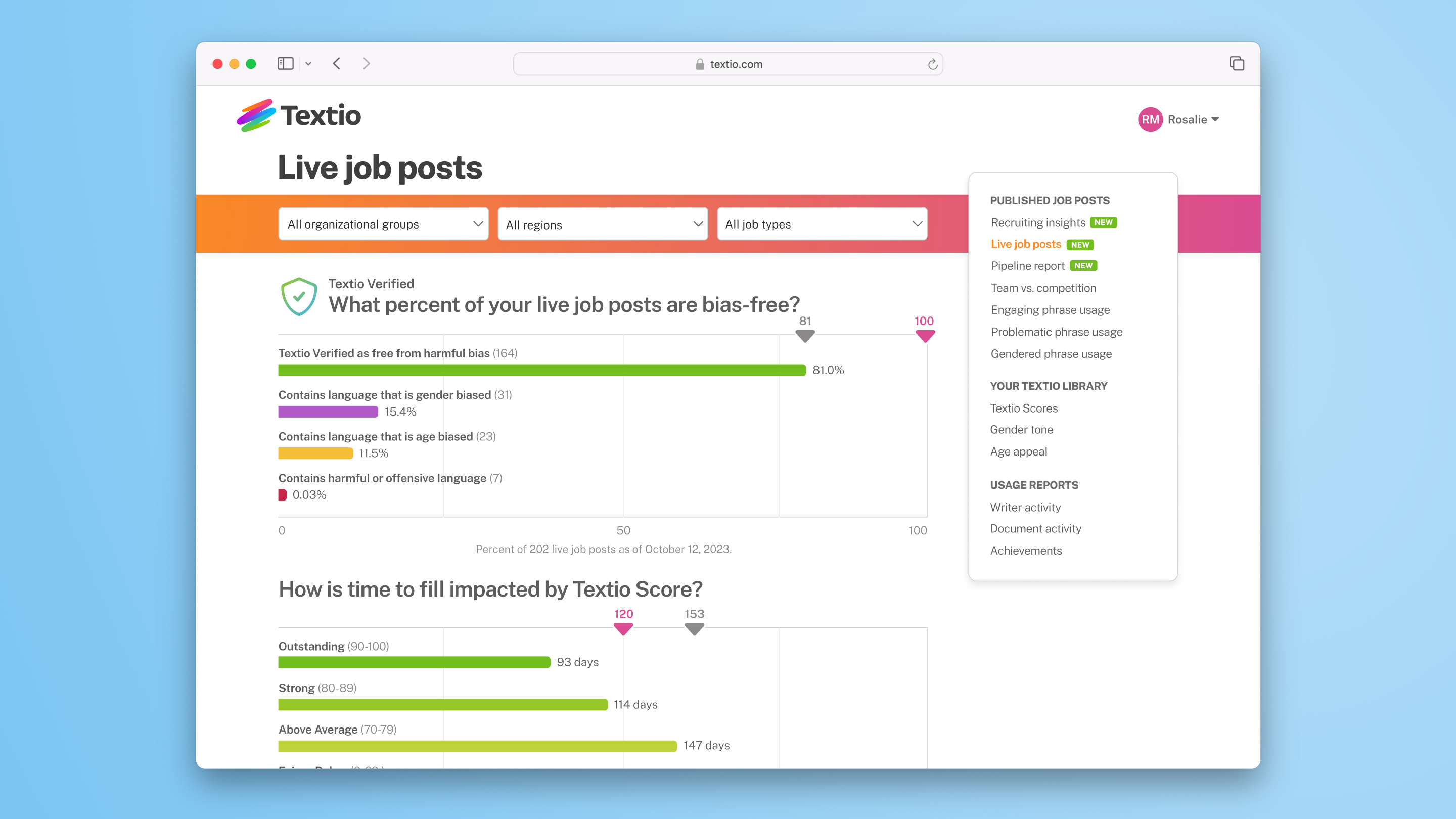 Another screenshot of the Live Job Posts report, depicting measures of biased language in current job posts, along with metrics on time to fill.