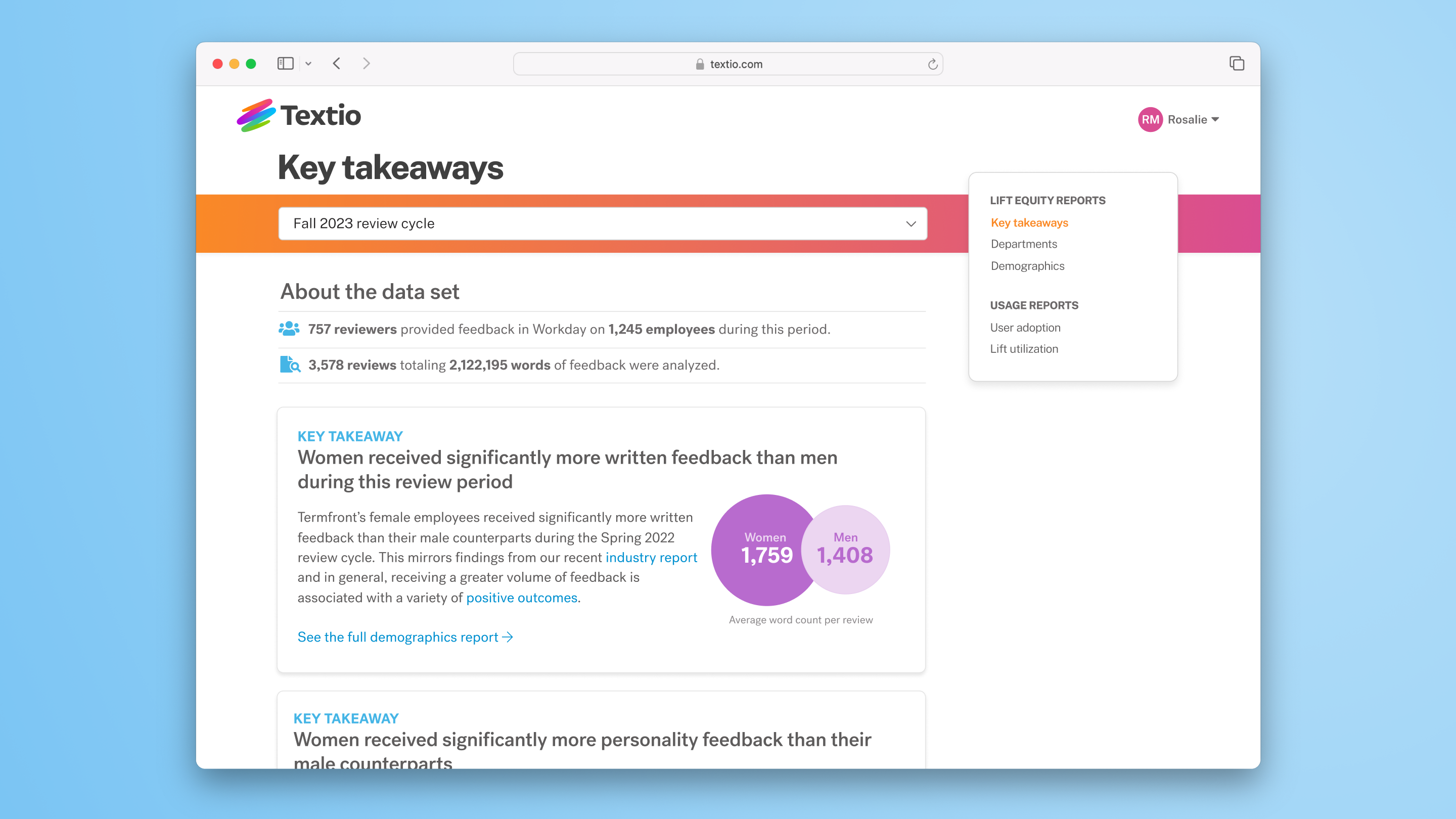 A sample screenshot of the Key Takeaways report, showing that women received signficantly more written feedabck than men during the selected review period.