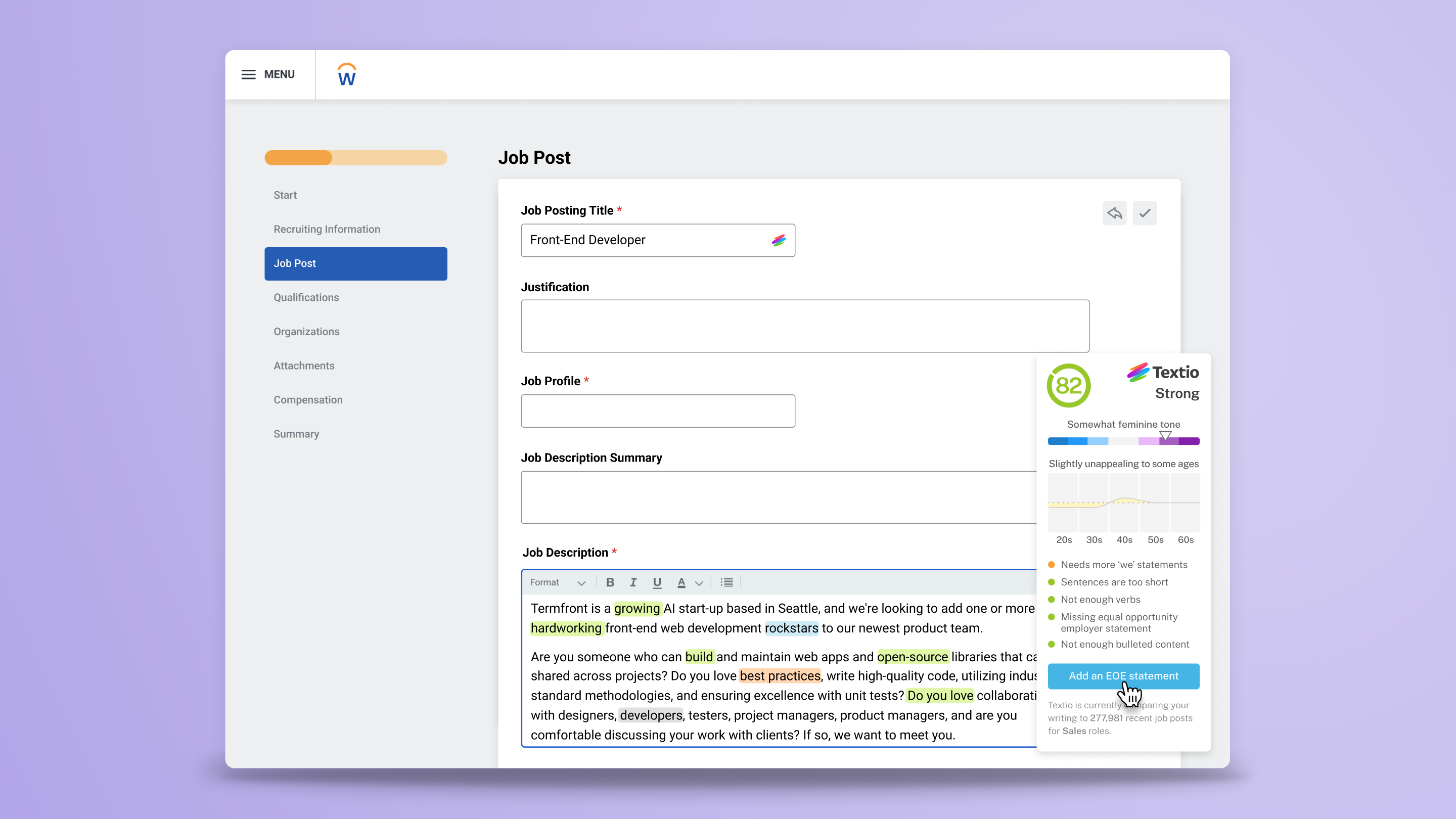 An example of a editing a job description in Workday, with Textio's guidance shown via text highlights and additional notes in the floating Textio pane.
