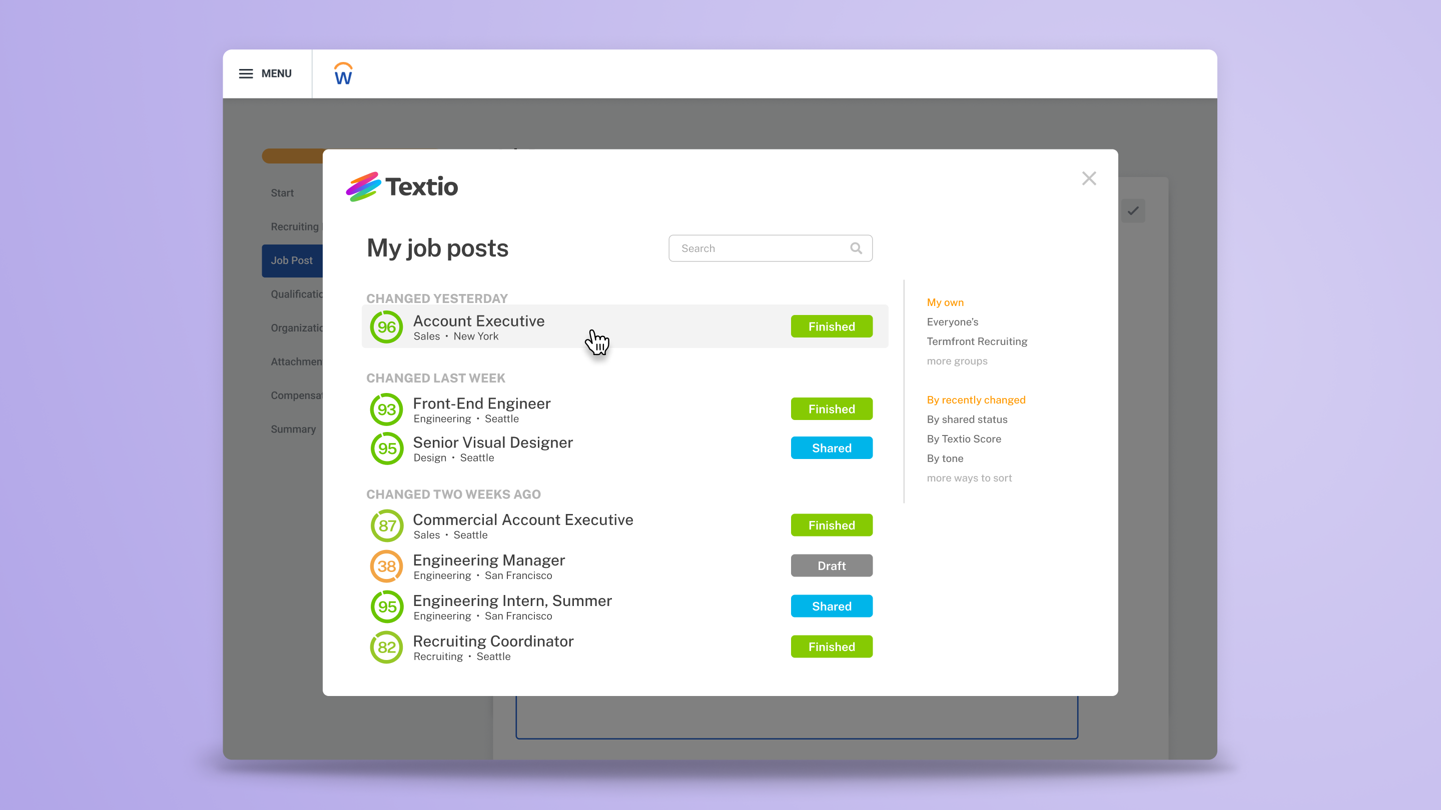 Browsing saved job posts from the Textio library via our overlay in Workday.