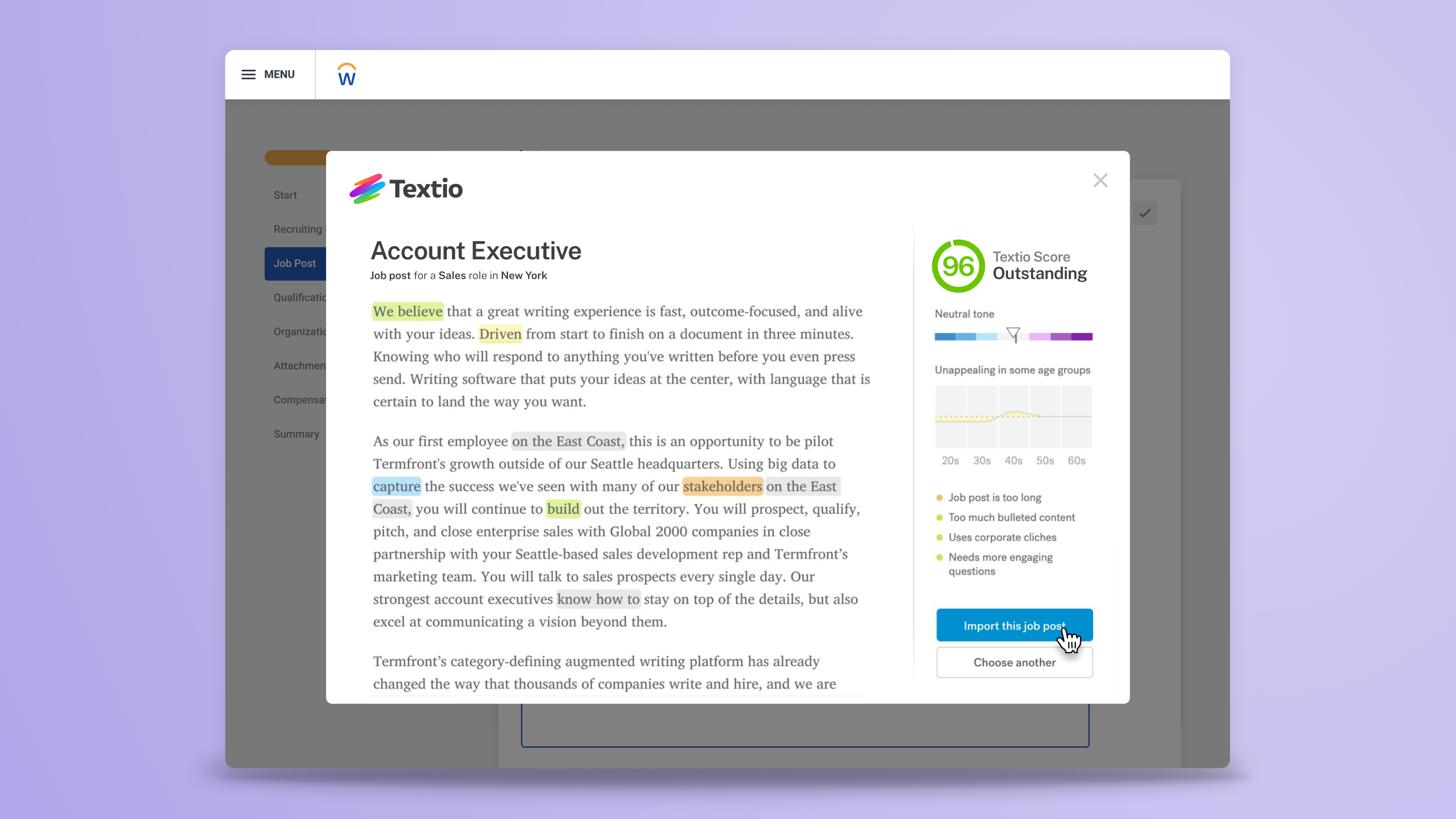 Previewing a saved job post from the Textio library via our overlay in Workday.