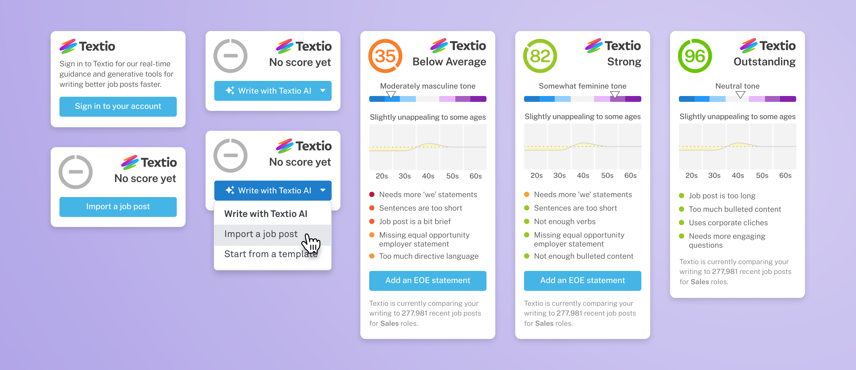 Examples of various states for the Textio pane, including for signed out users, blank documents, as well as showing guidance and scoring for in-progress documents.