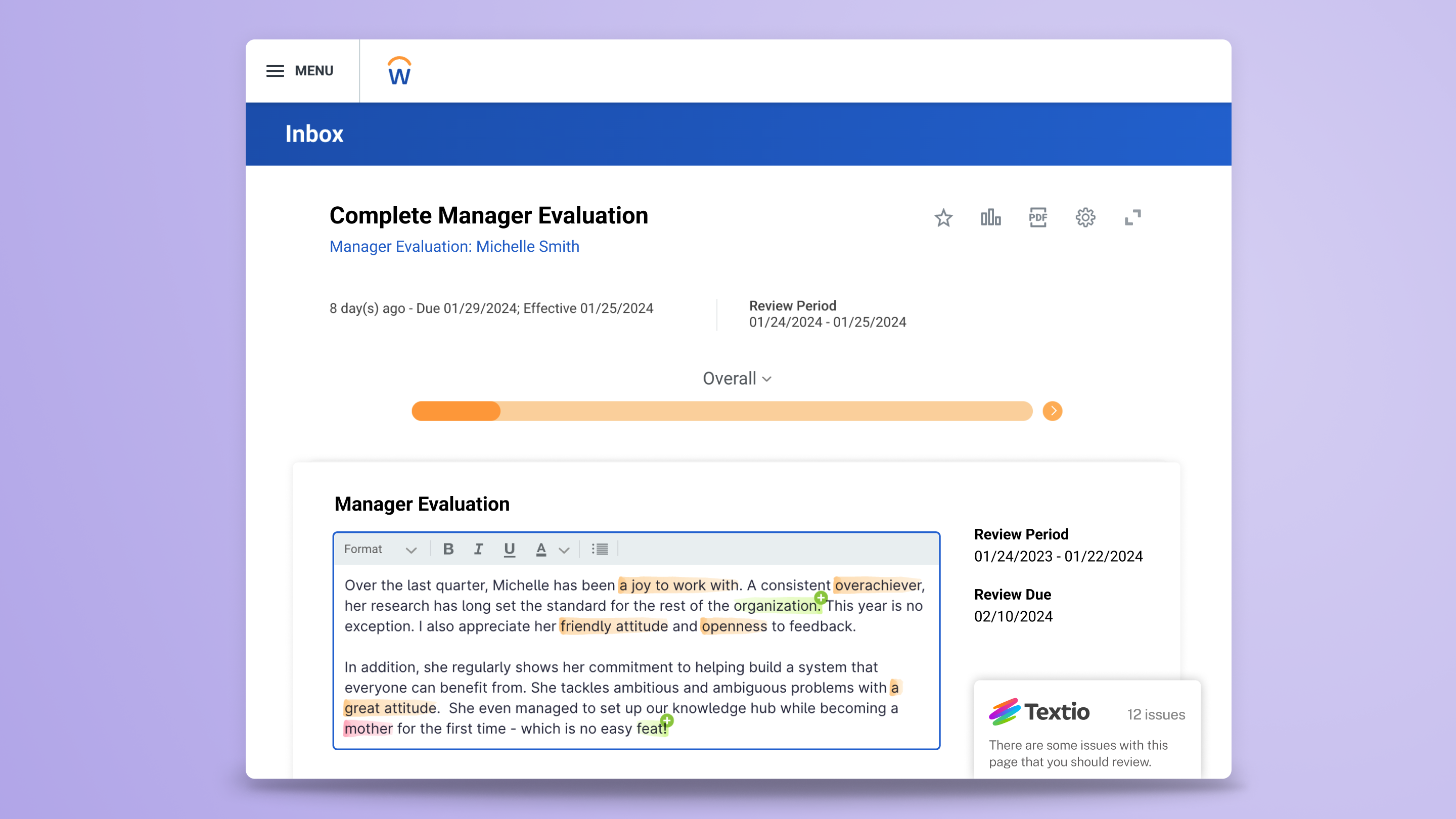 A screenshot showing Textio's performance feedback guidance for a user writing a manager evaluation in Workday.