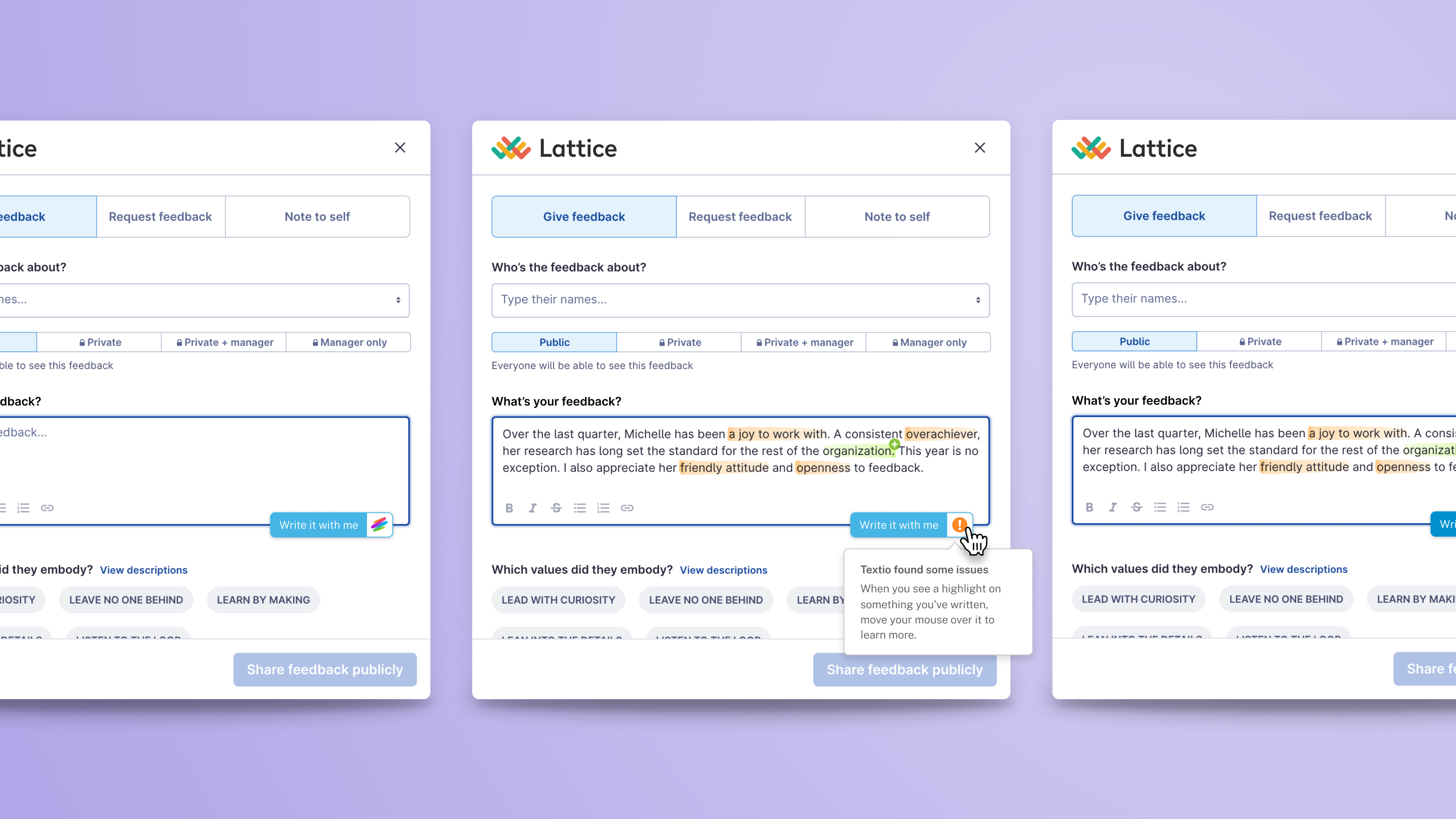 Example screenshots of Textio's writing guidance for anytime feedback in Lattice.