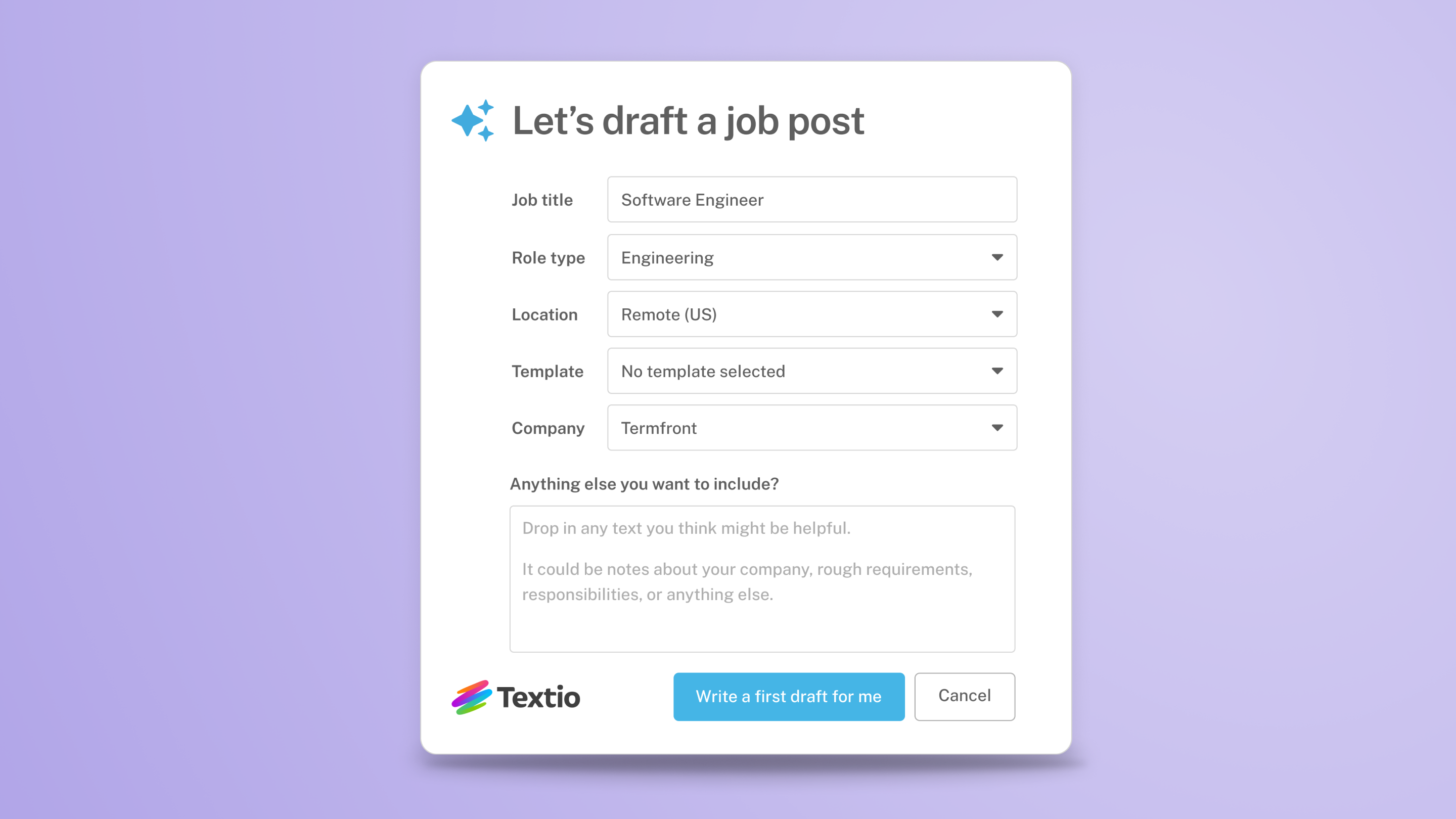 The initial dialog window for writing a draft job post with Textio's generative AI feature.