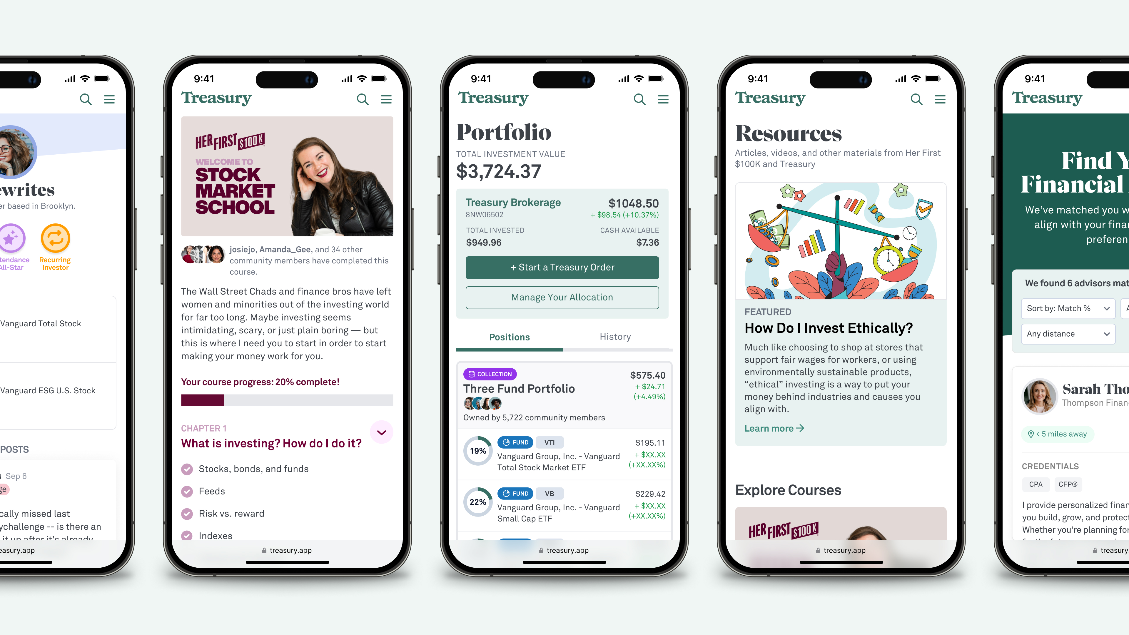 An array of sample mobile screenshots showing various features of the Treasury investing app.