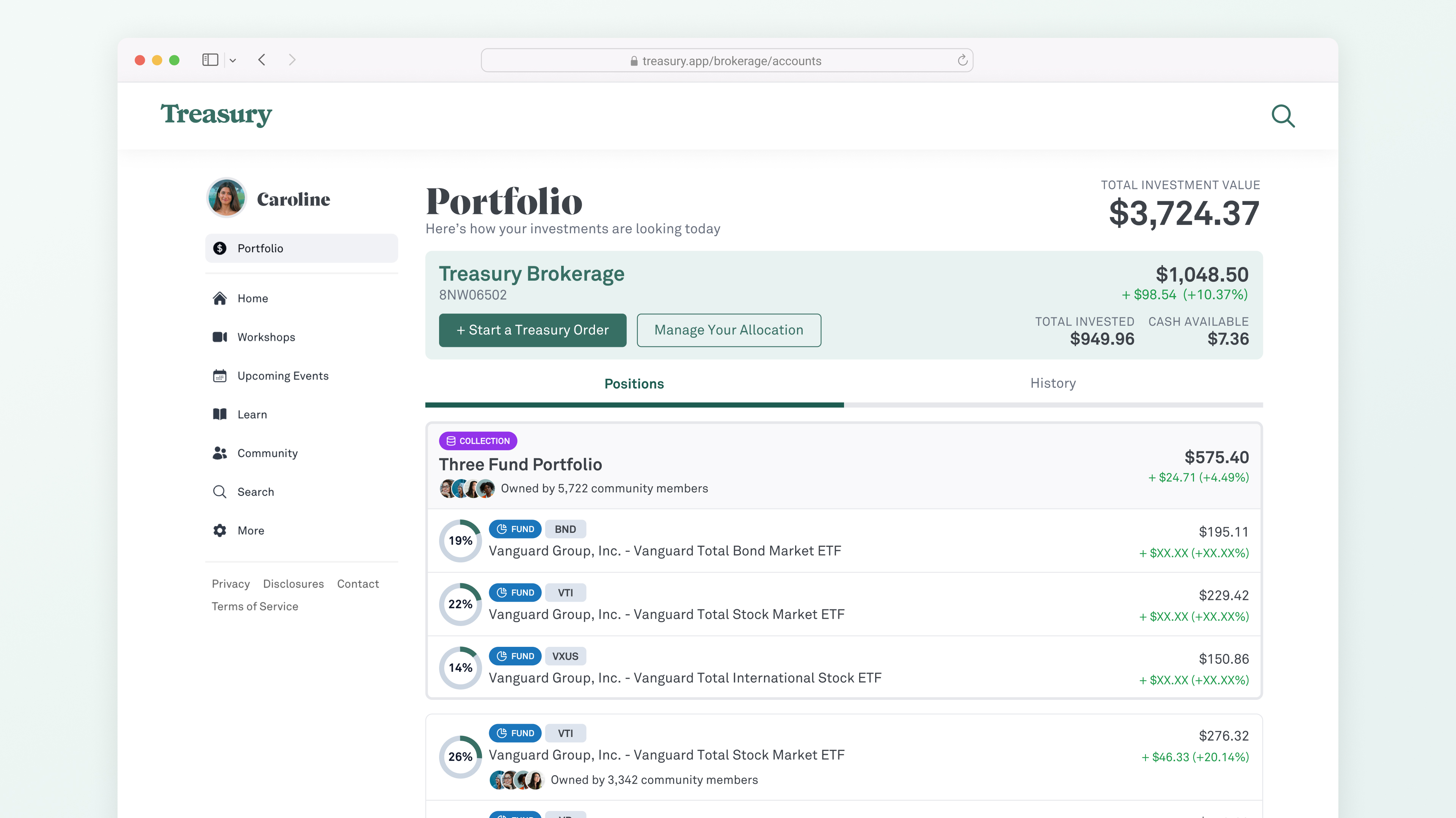 A desktop screenshot of the Portfolio section of the Treasury web app.