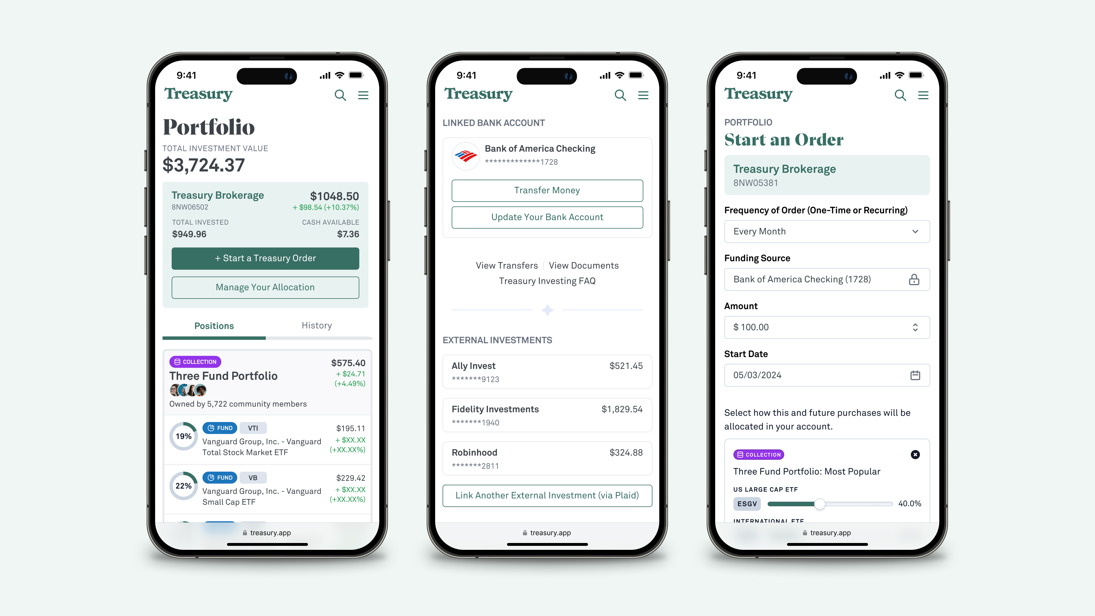Select screenshots of the Portfolio manager and 'start an order' flow on mobile.