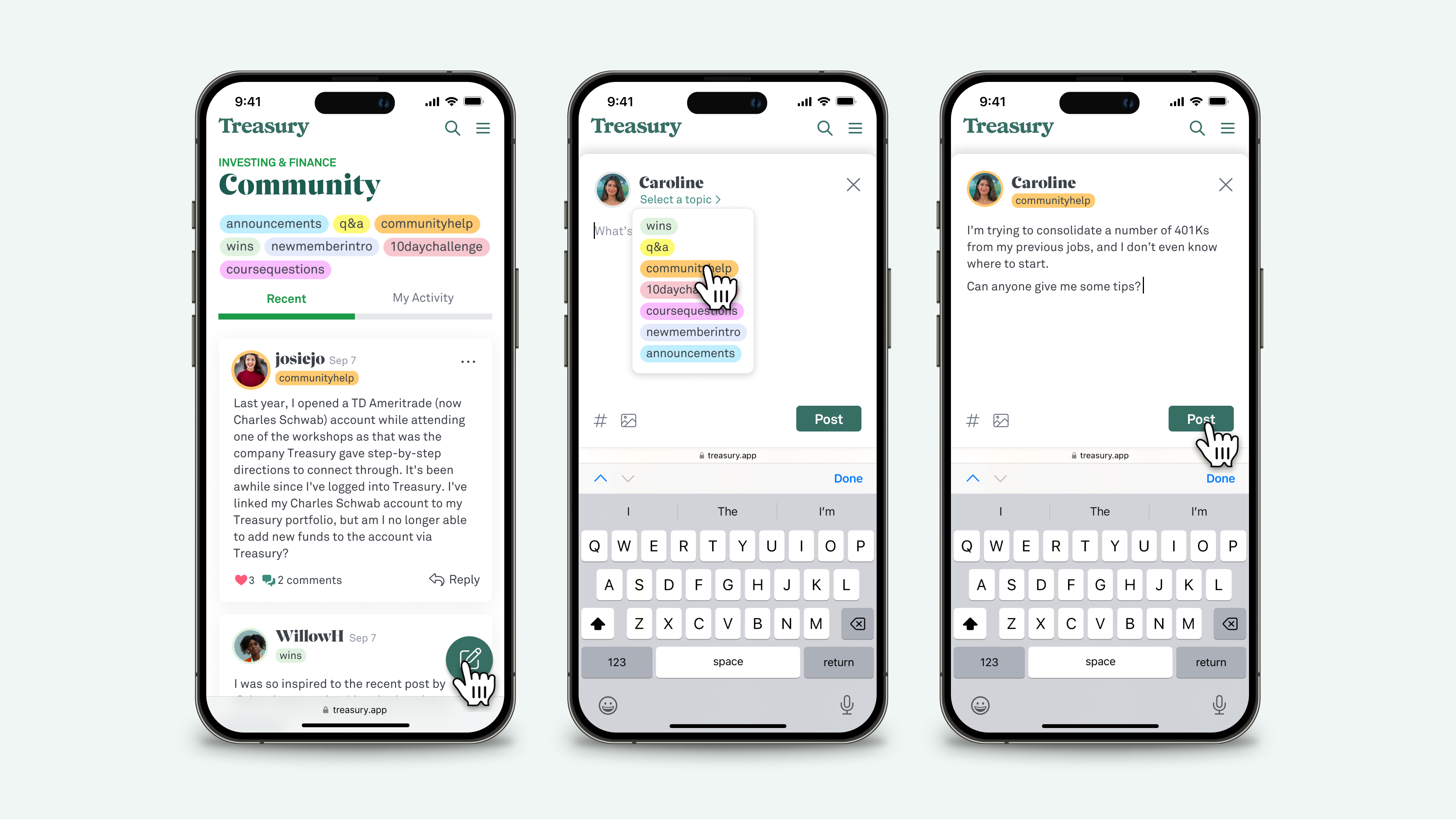 Mobile screenshots of the redesigned Community interface, showing the main timeline of posts, along with examples of creating and submitting a new post.