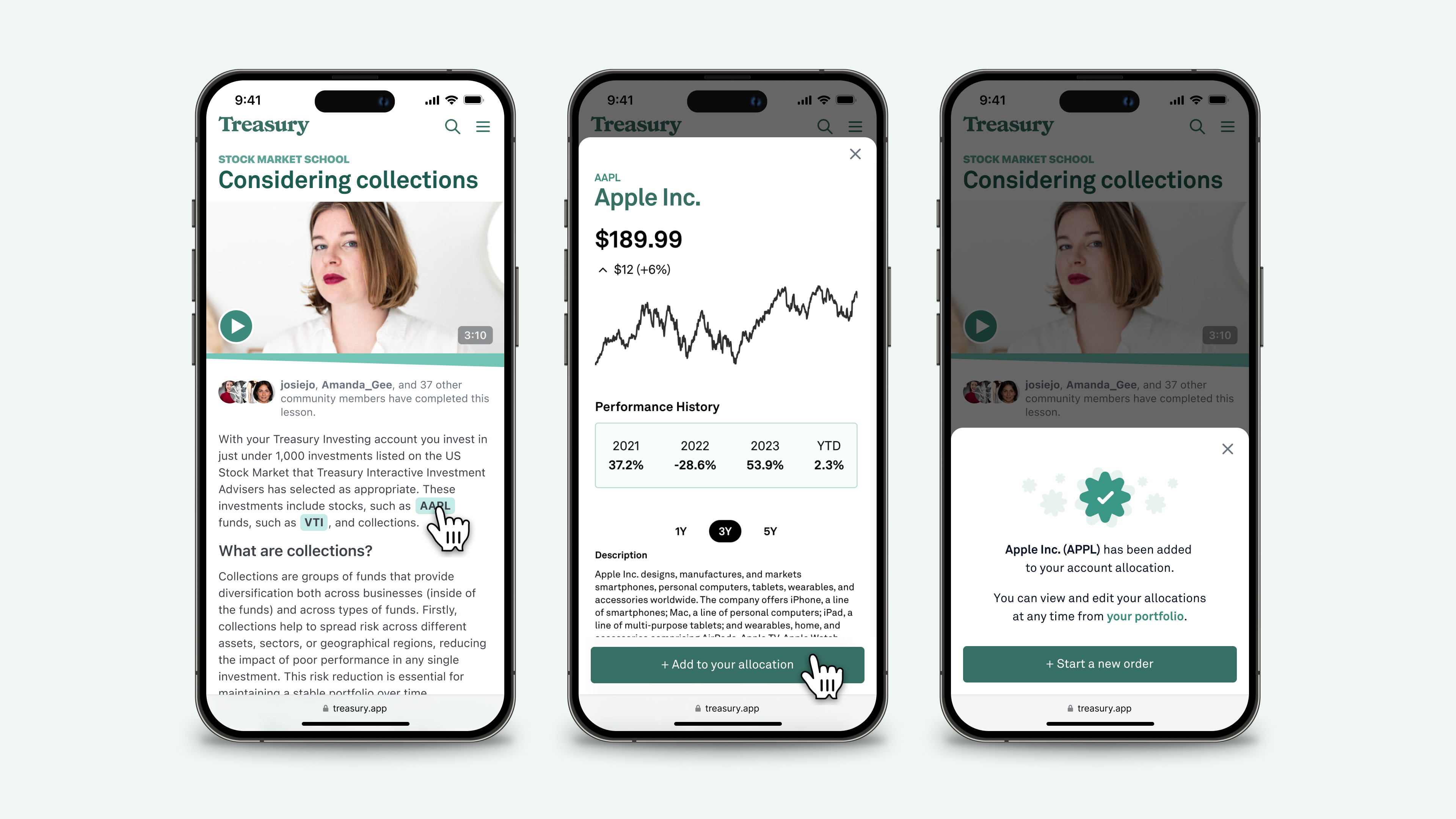 Example screenshots of tapping a linked ticker symbol in an article, opening the modal to read more about the stock, then adding it to the user's account allocation.