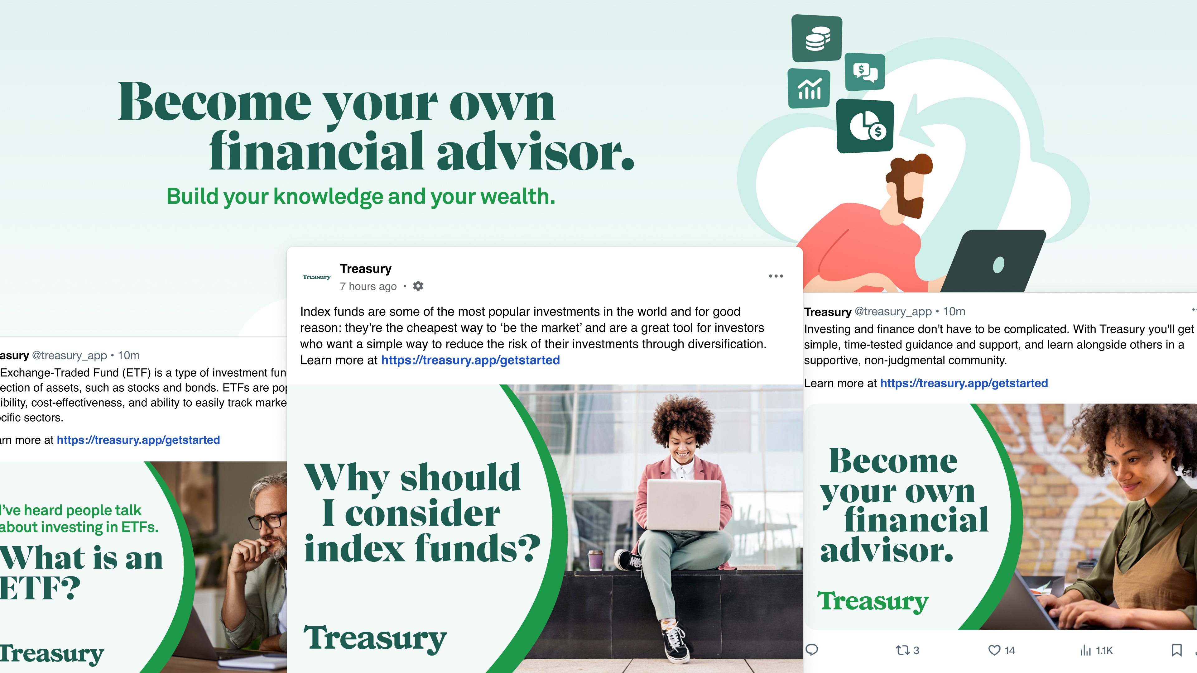 A collage of visual elements from various Treasury marketing materials, including sample social media posts.
