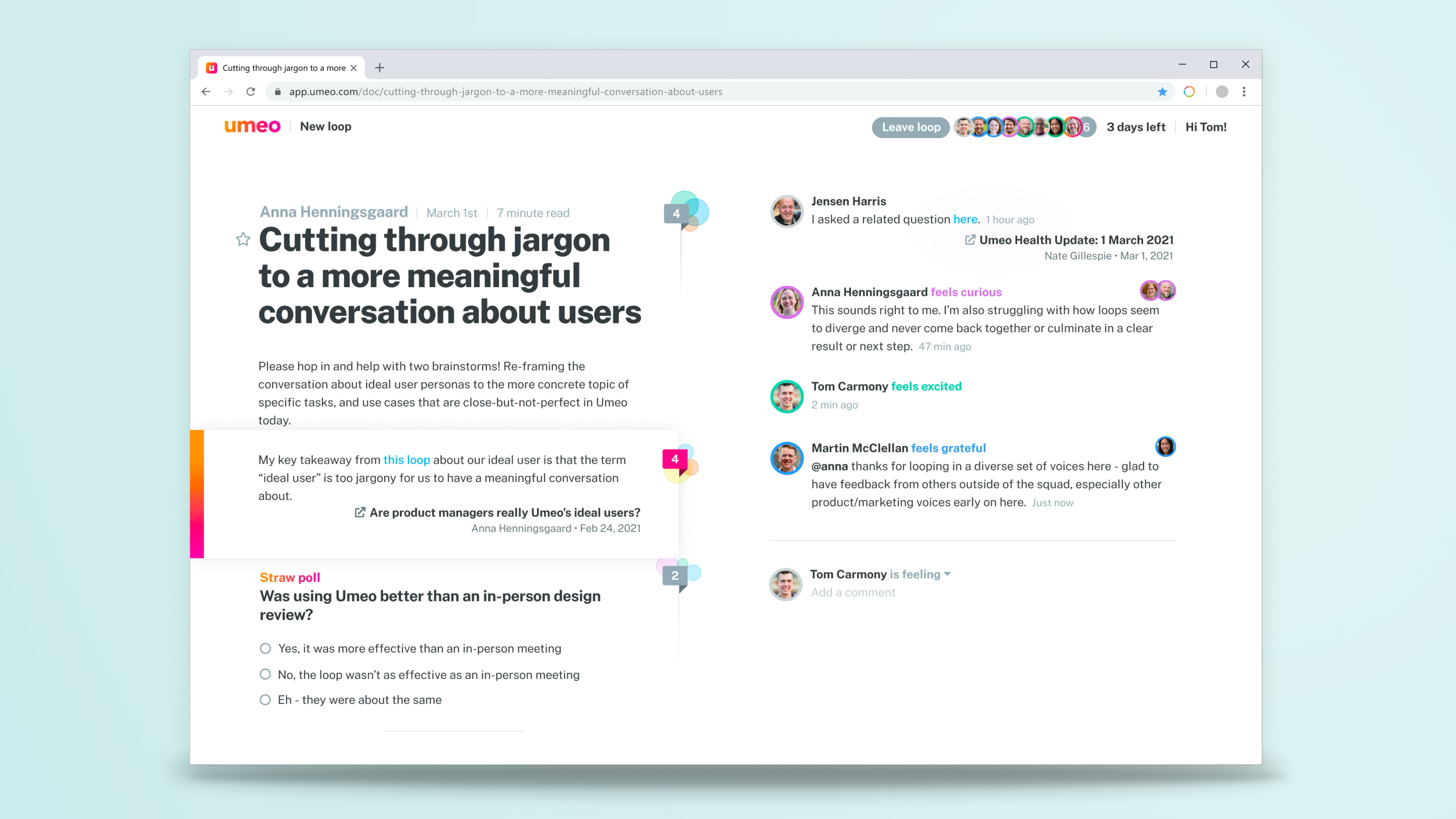 A screenshot of a Loop, featuring a reference link to a previous document on the same topic.