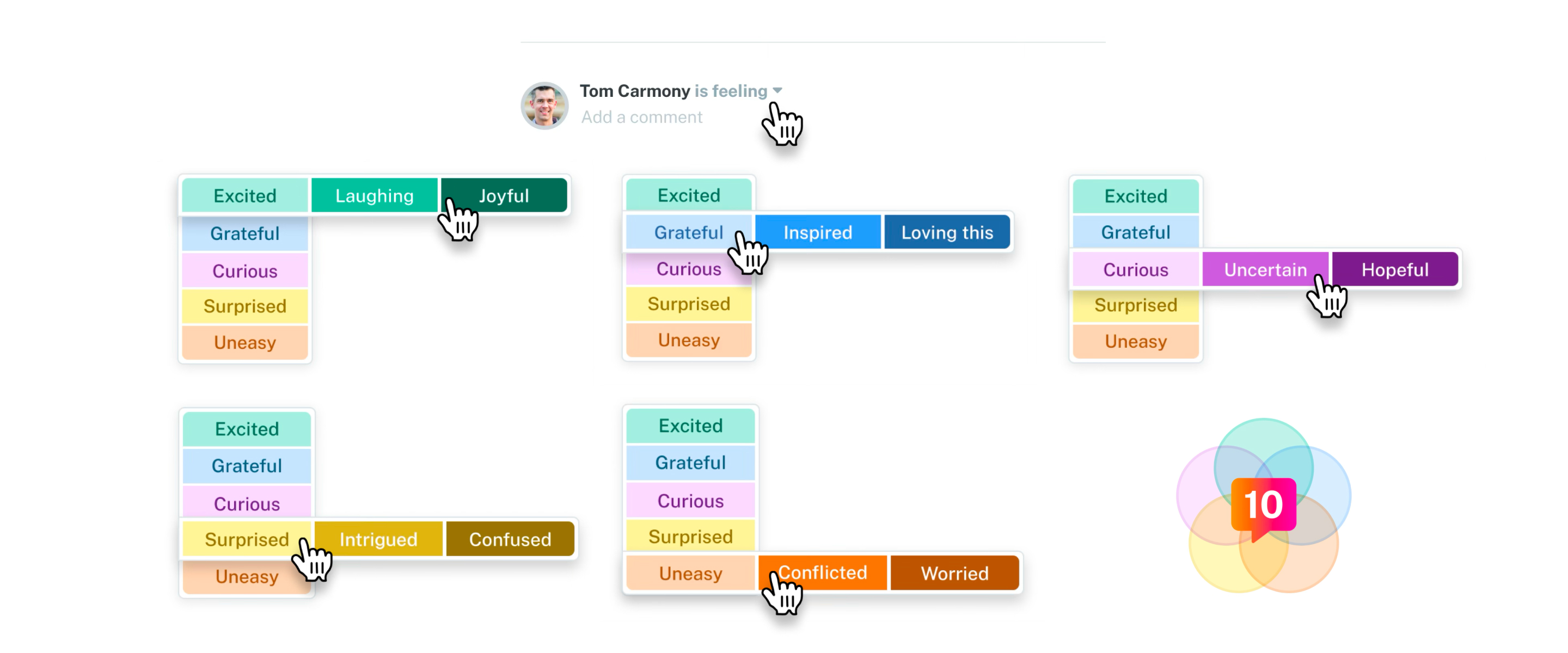 A collage of screenshots showing different sentiments available for tagging when leaving a comment on a Loop.