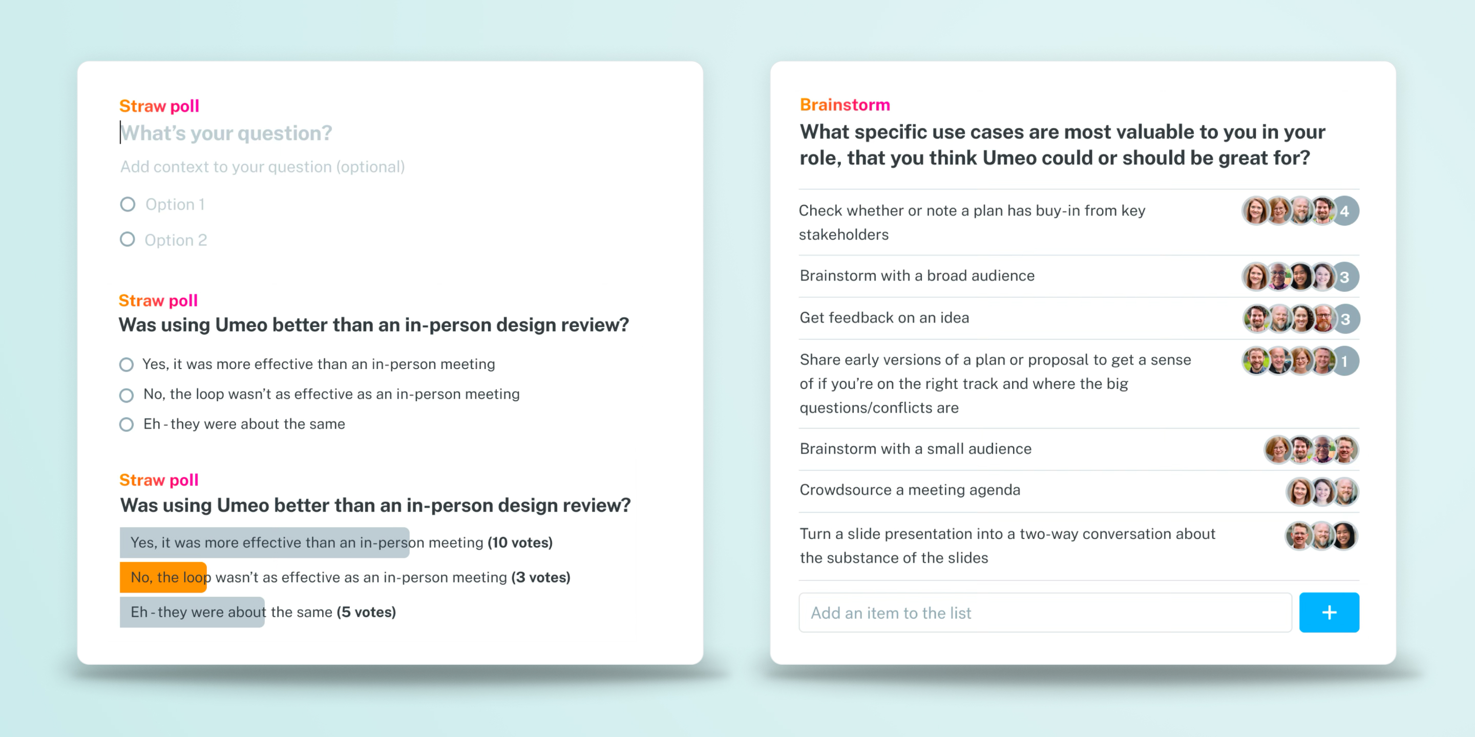 Side-by-side screenshots of the Straw Poll and Brainstorm features in Umeo.